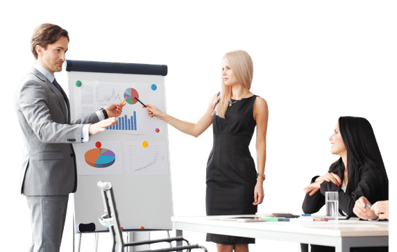 Business team discussing sales strategies during a presentation.