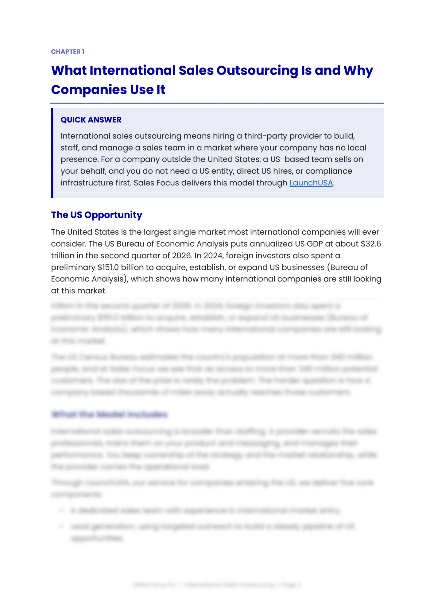 first page of chapter 1 of Sales Focus Inc.'s International Sales Outsourcing white paper with half the page blurred